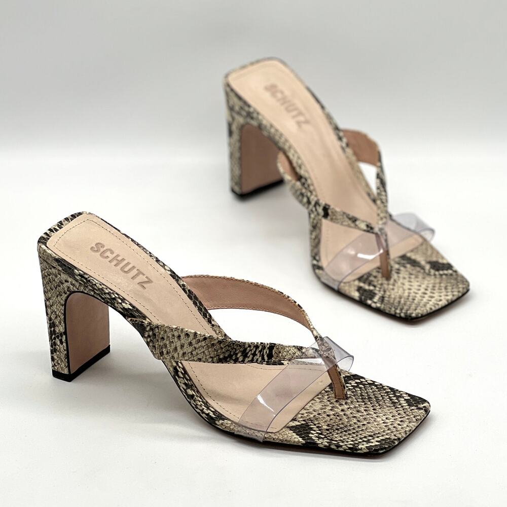 SCHUTZ Python Print leather Thong Sandal Women 9 Tan Black Square Toe Heel Snake